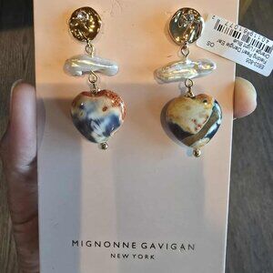 NWT MIGNONNE GAVIGAN Pearl, Heart Gold Disc Earrings